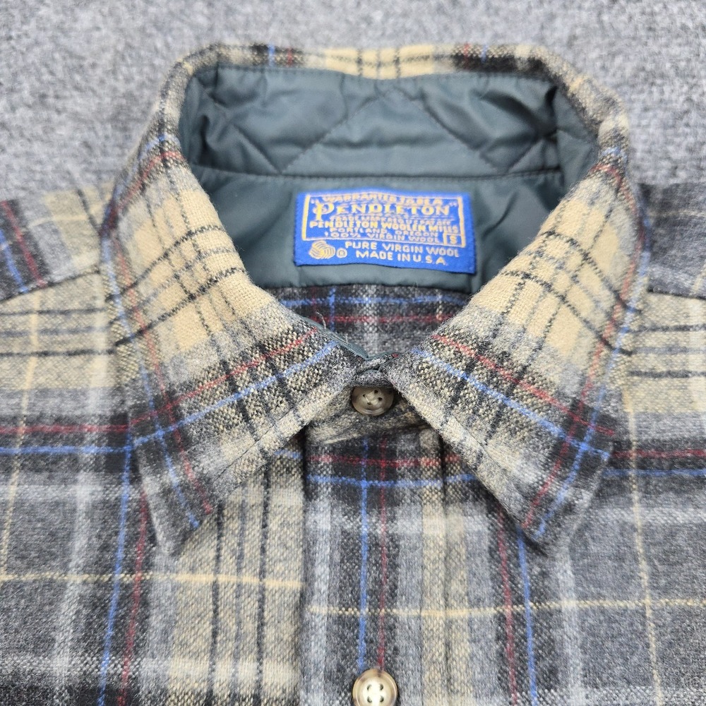 Vintage Pendleton Wool Shadow‎ Plaid Shirt Mens S USA 100% Virgin Wool Blue Tan - Picture 3 of 9